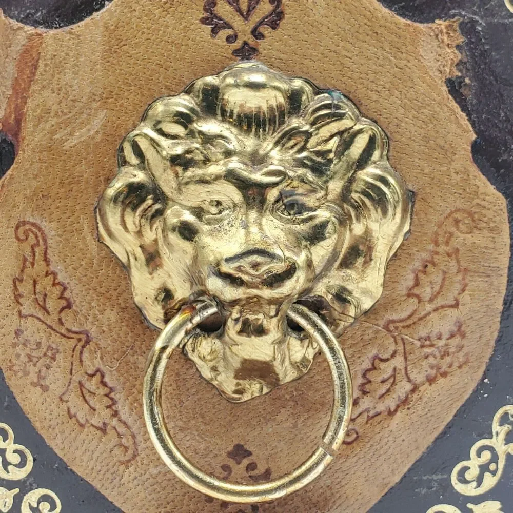 Vintage Italian Leather‎ Wrapped Decanter Bottle With Lions Head Knocker No Top